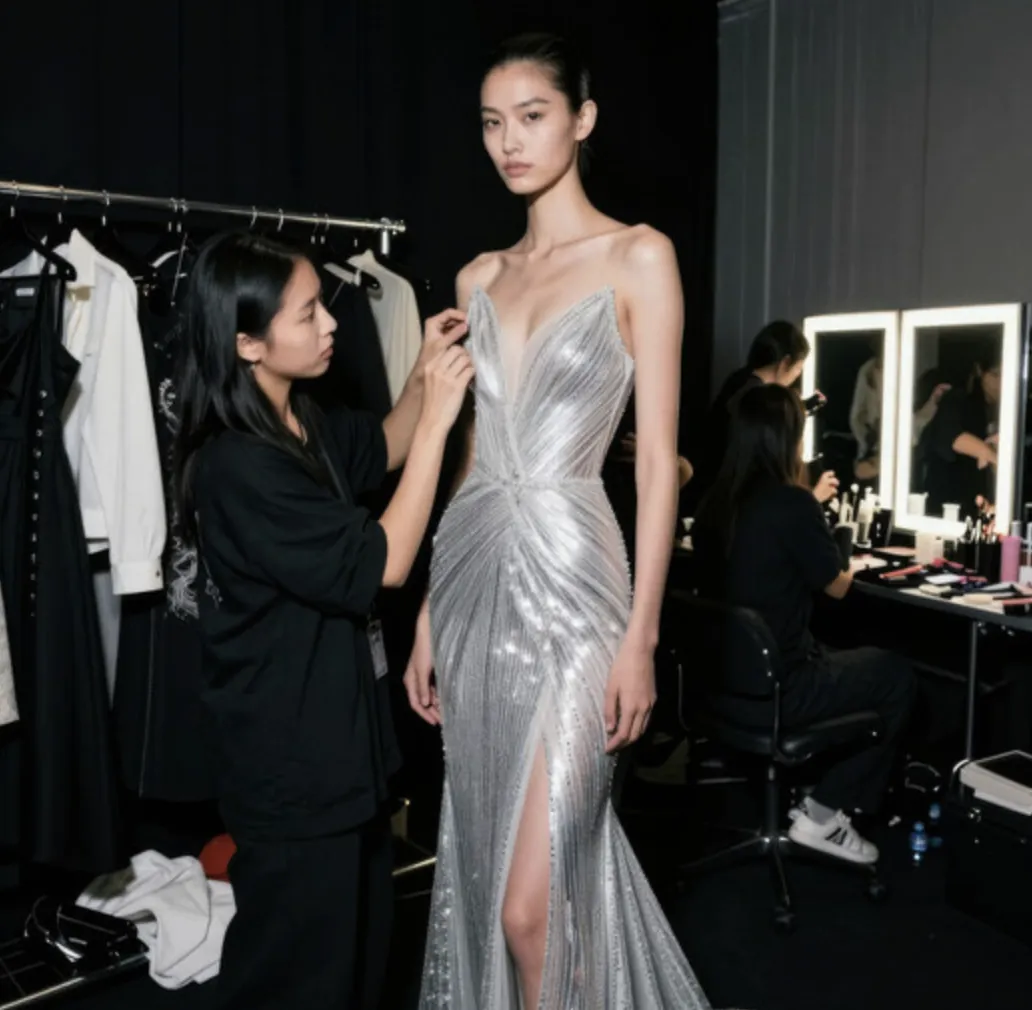 Backstage model portfolio photo: model in a silver sequinned gown during a fitting