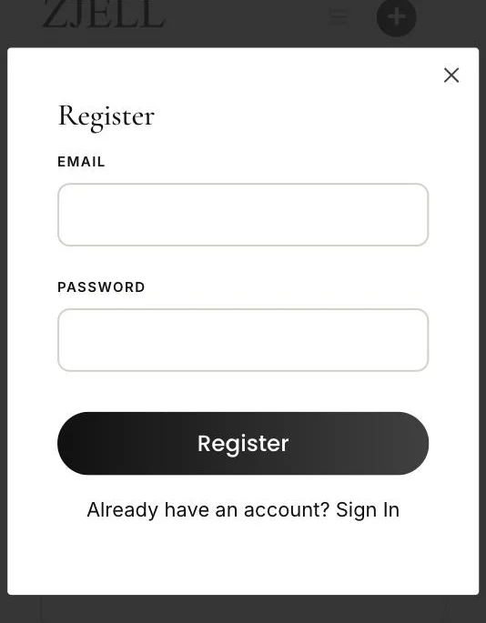 ZJELL Models Register screen with Email and Password fields and a Register button