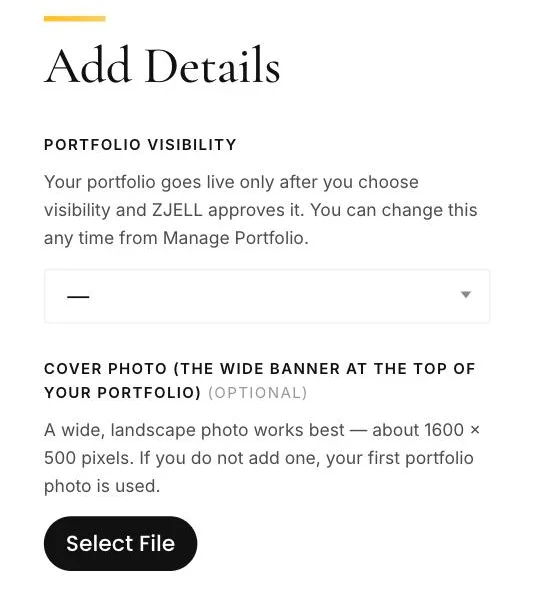 Portfolio visibility and Cover photo fields on the ZJELL Models portfolio form
