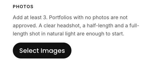 Photos field with the Select Images button on the ZJELL Models portfolio form