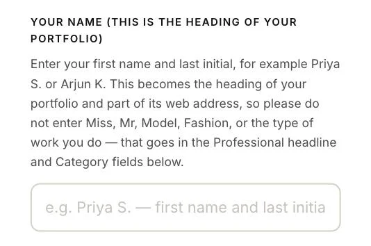 Your name field on the ZJELL Models portfolio form asking for first name and last initial