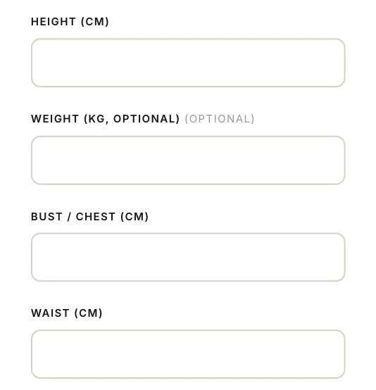 Height, Weight, Bust or Chest and Waist fields in centimetres on the ZJELL Models portfolio form