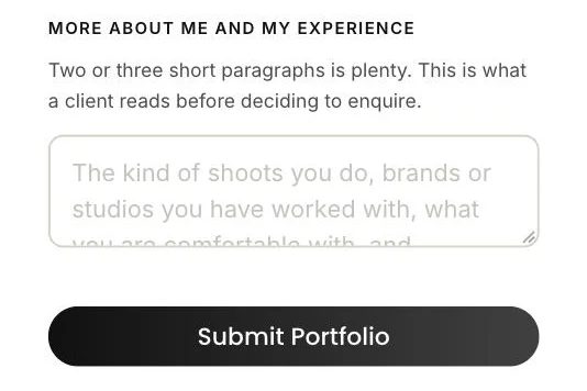 More about me field and Submit Portfolio button at the end of the ZJELL Models portfolio form
