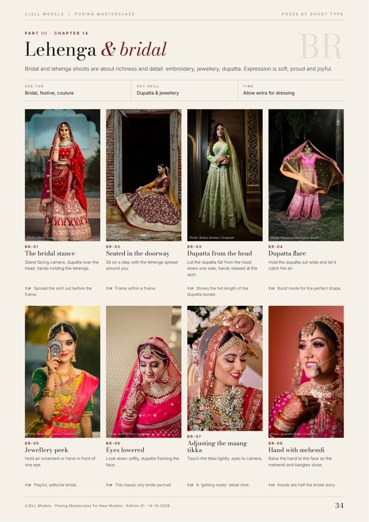 Lehenga and bridal poses chapter from the ZJELL Models posing guide